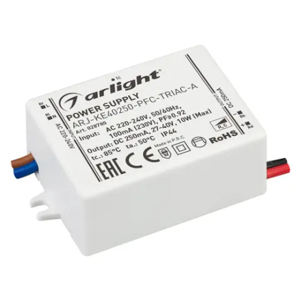 Блок питания ARJ-KE40250-PFC-TRIAC-A (10W, 250mA) (Arlight, IP44 Пластик, 5 лет) 028780