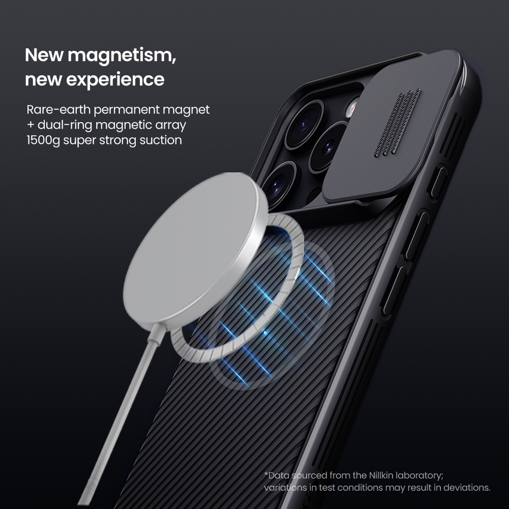 Чехол синего цвета от Nillkin c поддержкой магнитной зарядки MagSafe для iPhone 16 Pro, с защитной шторкой камеры, серия CamShield Pro Magnetic