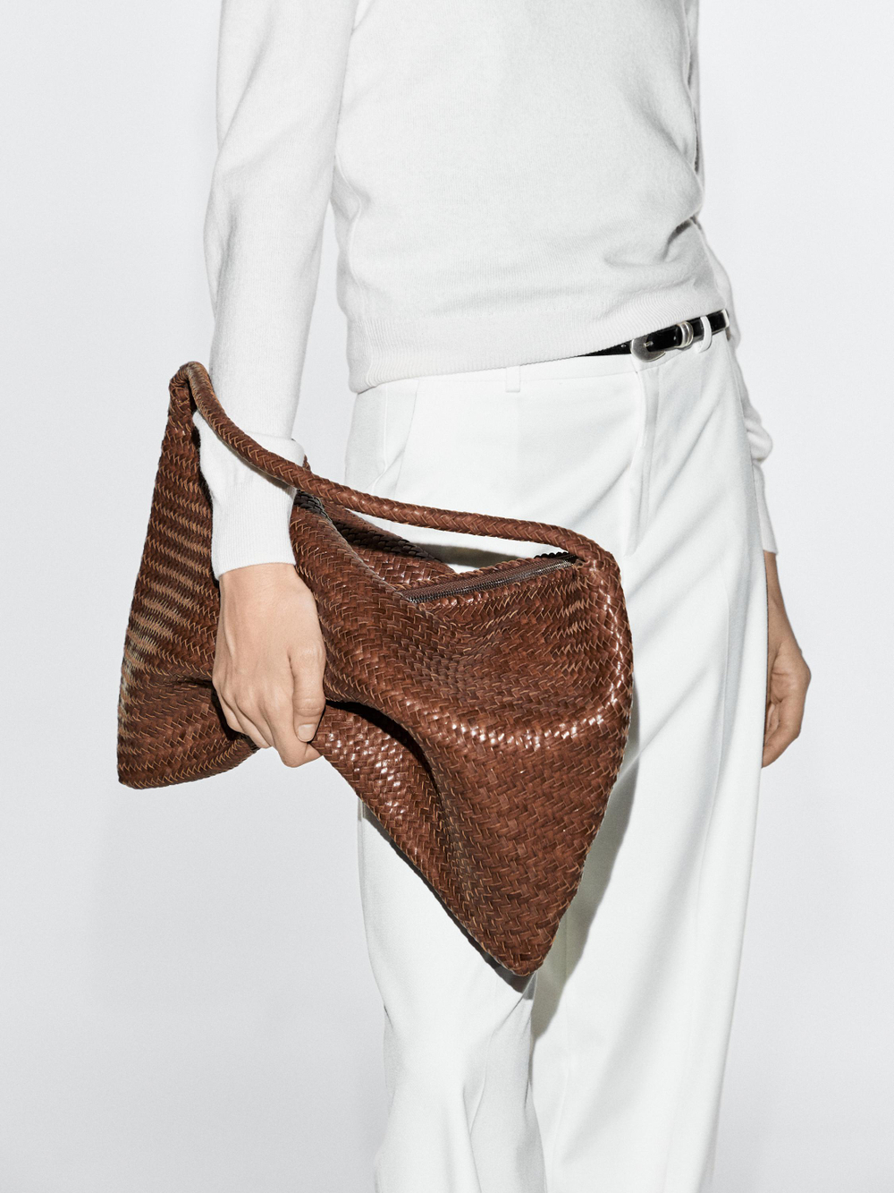 Massimo Dutti Большая плетеная сумка-саквояж из кожи наппа, коричневый