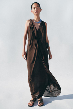 ZARA ЖАККАРДОВОЕ ПЛАТЬЕ МИДИ — ZW COLLECTION, ШОКОЛАДНЫЙ