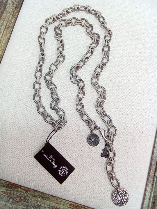 Цепь-трансформер из гладких и рифленых колечек, оттенки серебро и графит