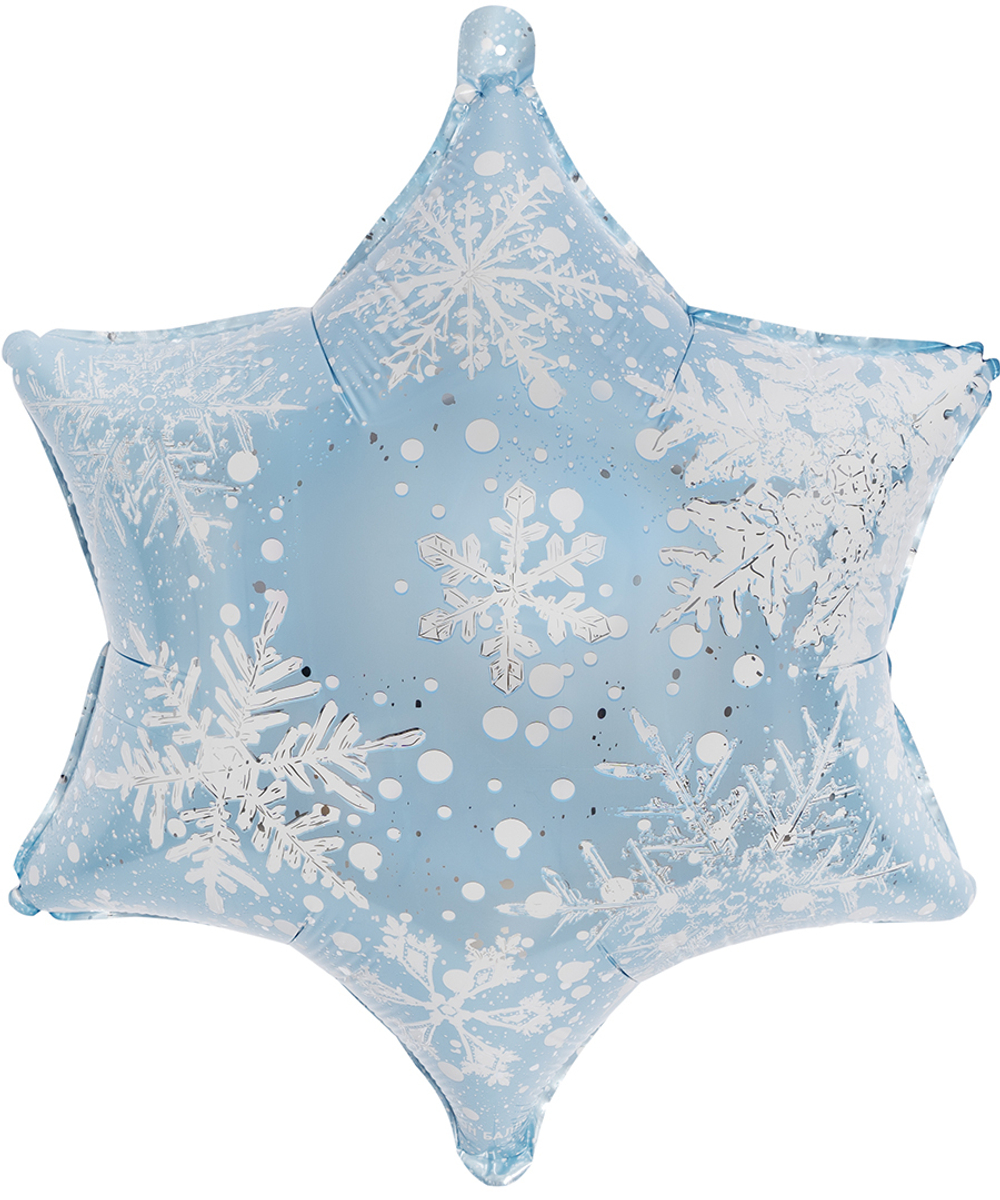 Шар с гелием в виде звезды голубого цвета с изображением снежинок