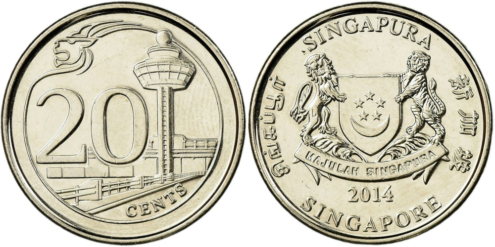 Сингапур 20 центов, 2013-2019 Аэропорт Чанги UNC