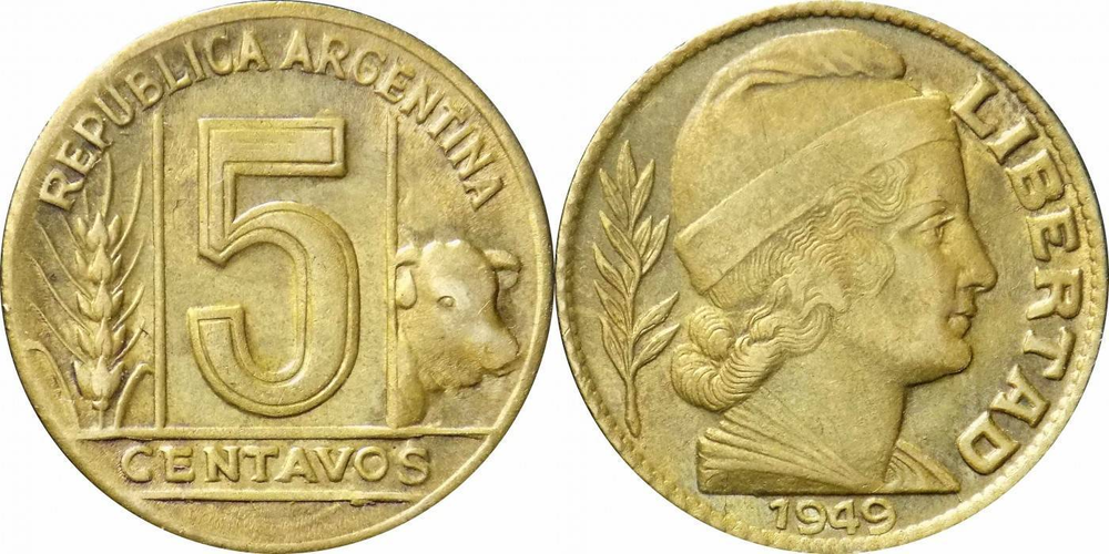 Аргентина 5 сентаво, 1942 - 1950 Свобода XF