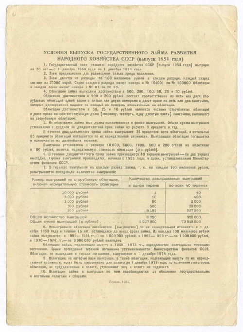 Облигация 100 рублей 1954 год. Серия № 160349. F-VF