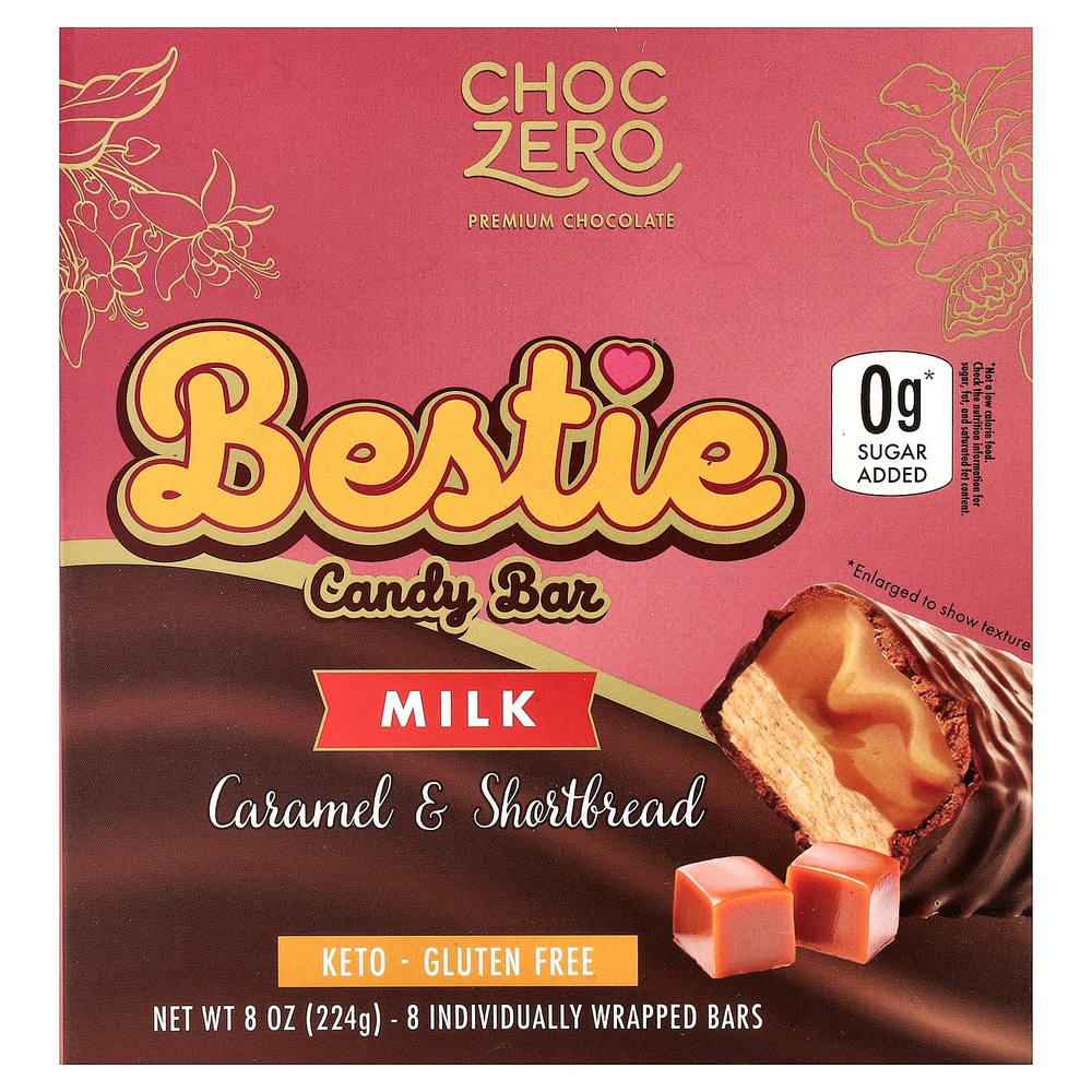 ChocZero, Bestie Candy Bar, батончики с молоком, карамелью и песочным печеньем, 8 батончиков в индивидуальной упаковке, 28 г (1 унция) каждый