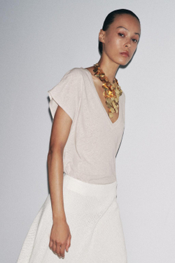 ZARA ФУТБОЛКА ИЗ ХЛОПКА И ЛЬНА, ПЕСОЧНЫЙ