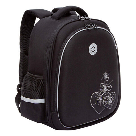 Ранец GRIZZLY анатомическая спинка, c брелоком, для девочек, "HEARTS", чёрный 36х28х20 см, RAz-586-5/1