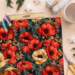 Ткань премиум флис крупные маки на серых листьях