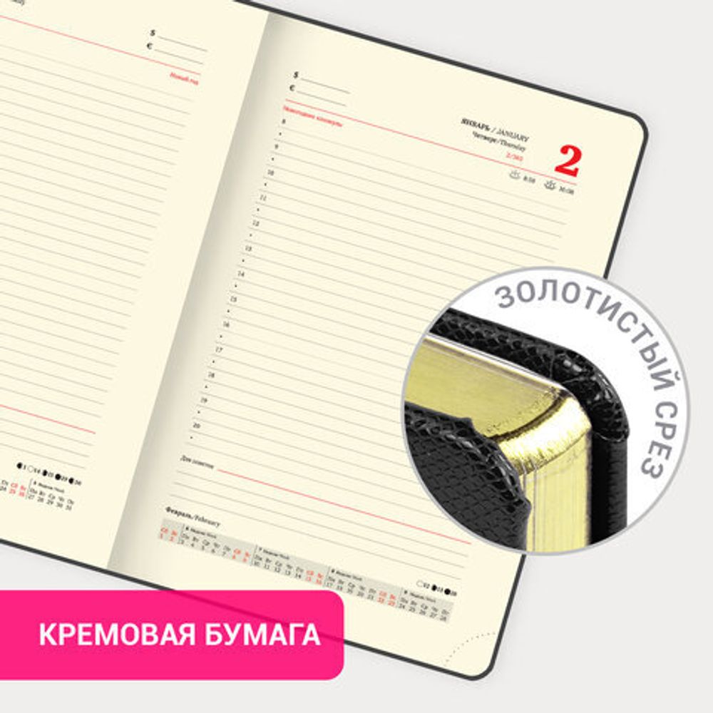 Ежедневник датированный 2025, А5, 138x213 мм, BRAUBERG "Iguana", под кожу, черный, 115779