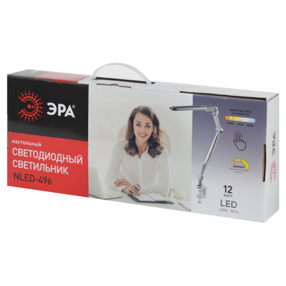Настольный светильник ЭРА NLED-496-12W-S светодиодный на струбцине серебро | Светодиодные настольные лампы