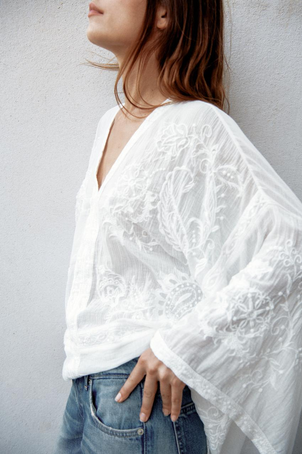 ZARA БЛУЗА-КЕЙП С ВЫШИВКОЙ — ZW COLLECTION, БЕЛЫЙ