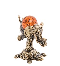 Народные промыслы AM-3257 Фигурка «Слон на черепахе» (латунь, янтарь)