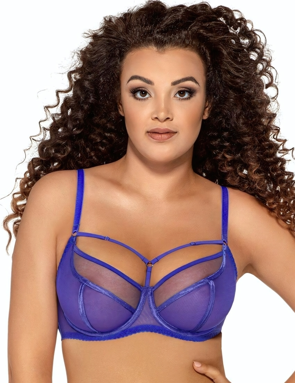 Синий бюстгальтер на косточках plus size с декоративными бретелями (Размер: 105E) (Цвет: синий)