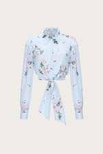 Блуза из голубой вискозы с авторским принтом и люрексной нитью