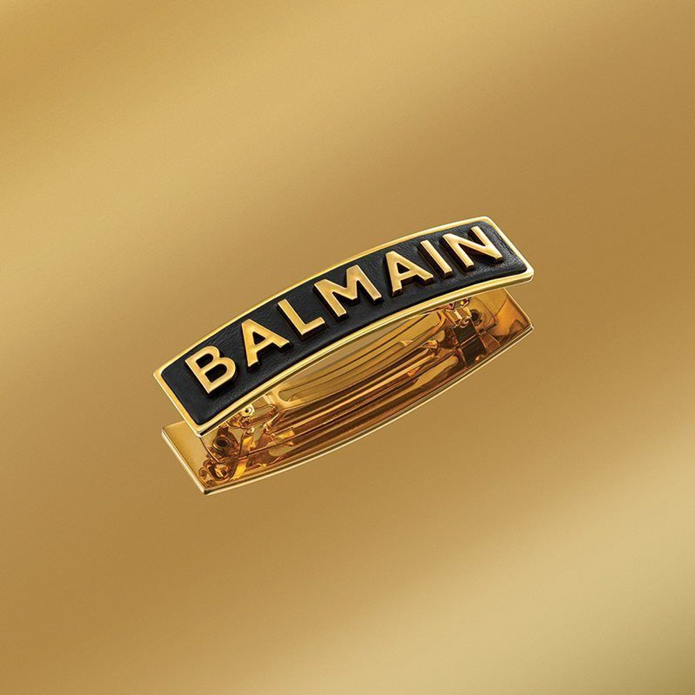 Balmain Hair Couture Заколка-автомат кожаная черная с золотыми буквами BALMAIN размер M Limited Edition Barrette Pour Cheveux M Gold FW20