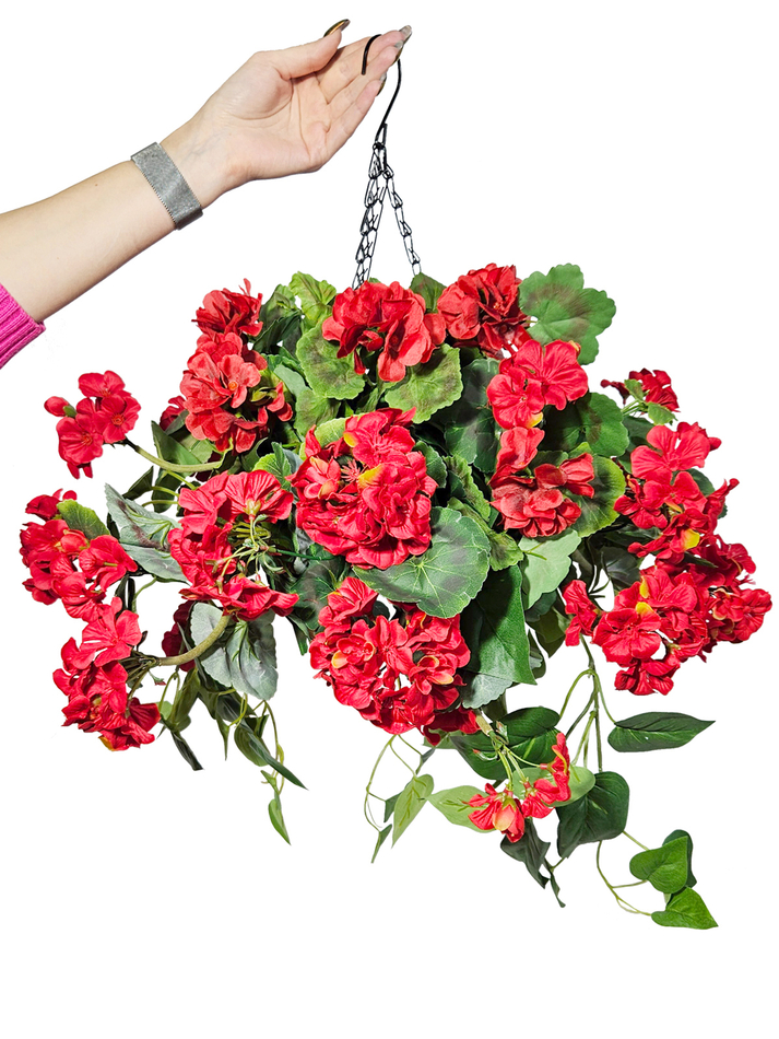 Искусственные цветы Герань густая красная 65см в подвесном кашпо