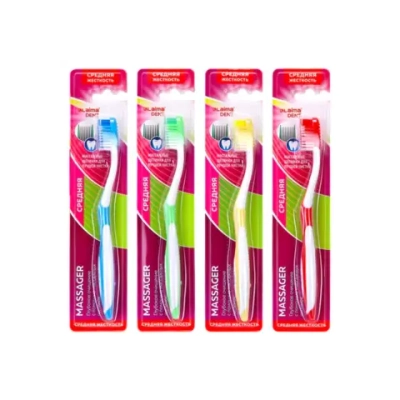 Зубная щетка средней жесткости MASSAGER с массажными щетинками (ассорти 4 цвета), LAIMA DENT, 609318