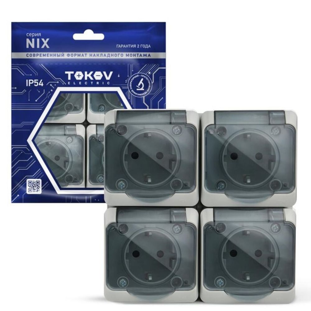 Розетка TOKOV ELECTRIC, Nix, 4-м, 16А, IP54, 250В, с з/к, с прозр. кр, серый, TKE-NX-R4Z-C06T-IP54