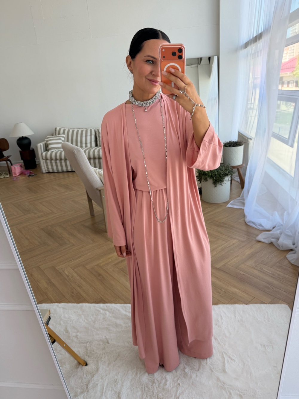 Костюм с удлиненным кардиганом персиковый