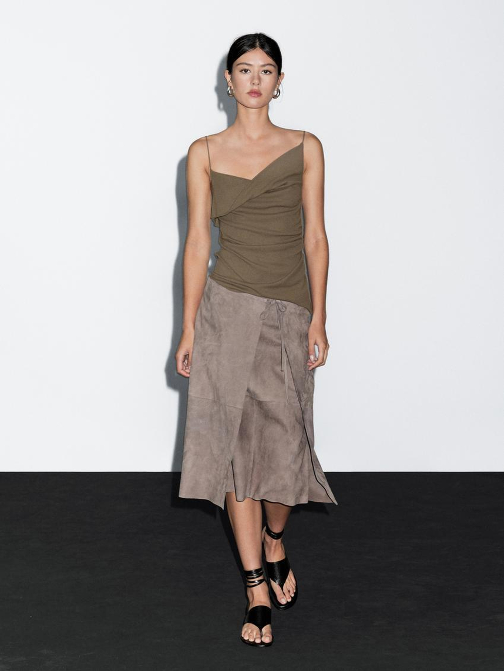 Massimo Dutti Топ из 100% хлопка с асимметричным вырезом, светлый хаки