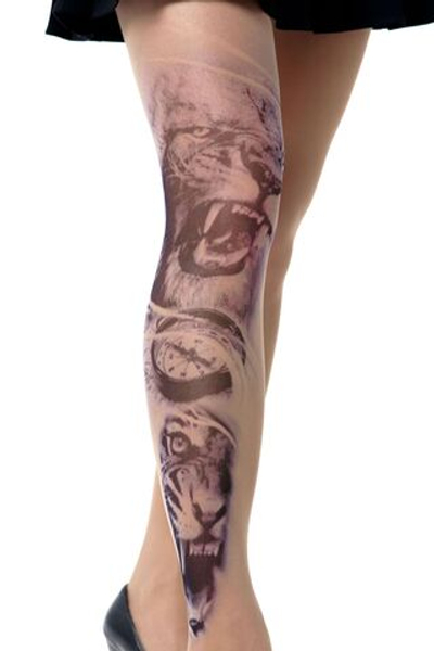 Колготки с принтом в виде льва и тигра (Размер: S-M-L) (Цвет: бежевый)