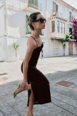ZARA ЛЬНЯНОЕ ПЛАТЬЕ МИДИ В ГОРОШЕК, КОРИЧНЕВЫЙ