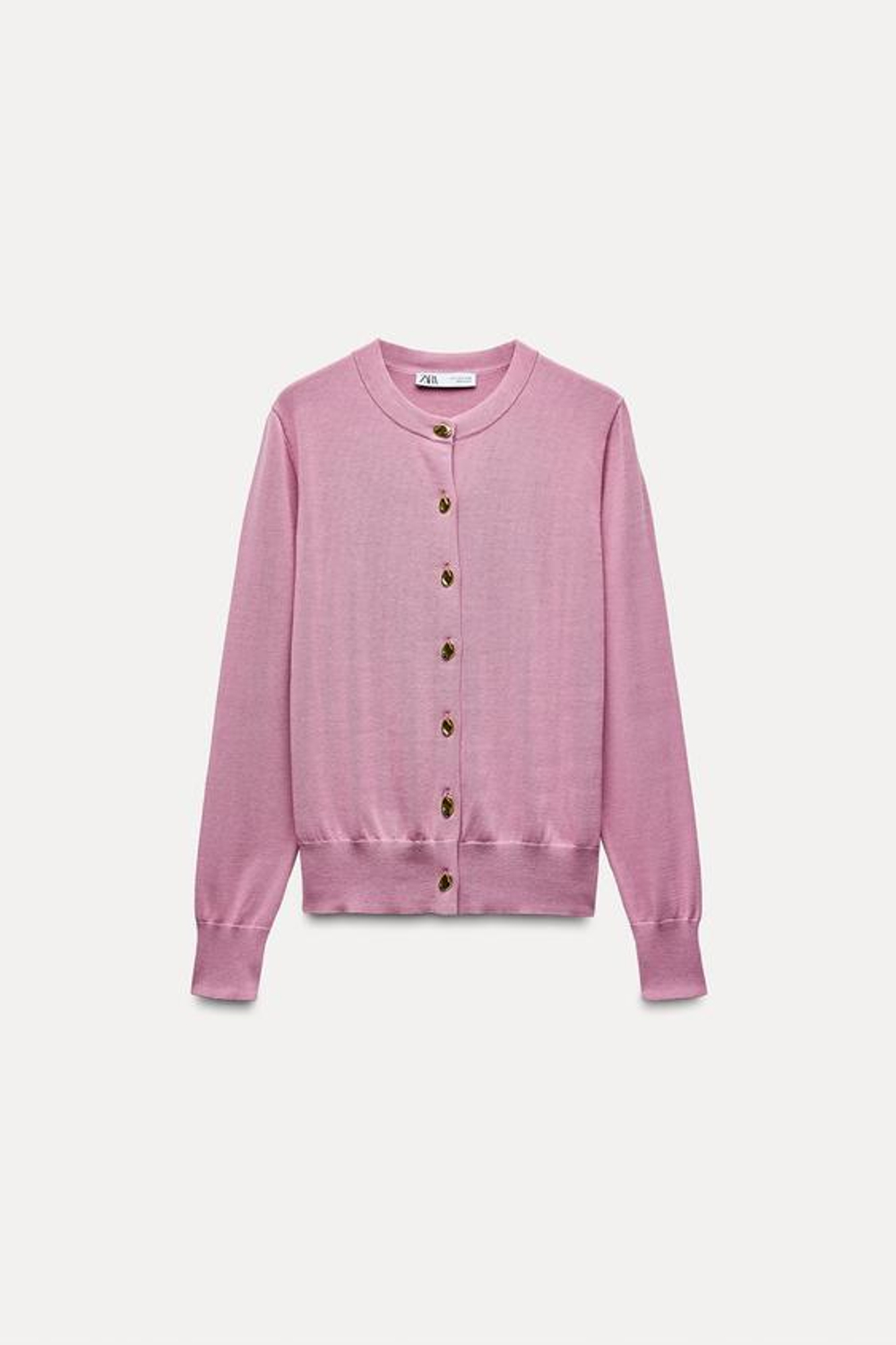 ZARA ОДНОТОННЫЙ ТРИКОТАЖНЫЙ КАРДИГАН С ЗОЛОТИСТЫМИ ПУГОВИЦАМИ, ПУДРОВО-РОЗОВЫЙ