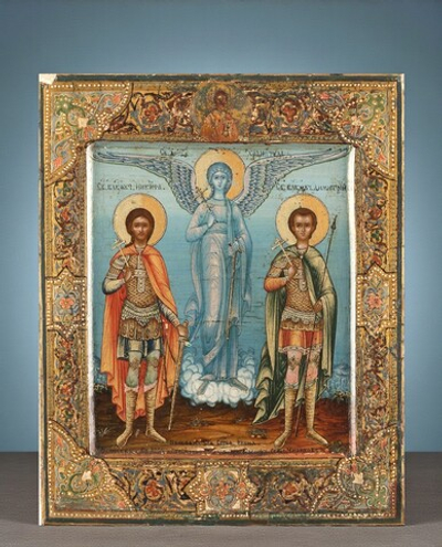 Никита и Дмитрий святые воины великомученики с Ангелом Хранителем. Деревянная икона на левкасе
