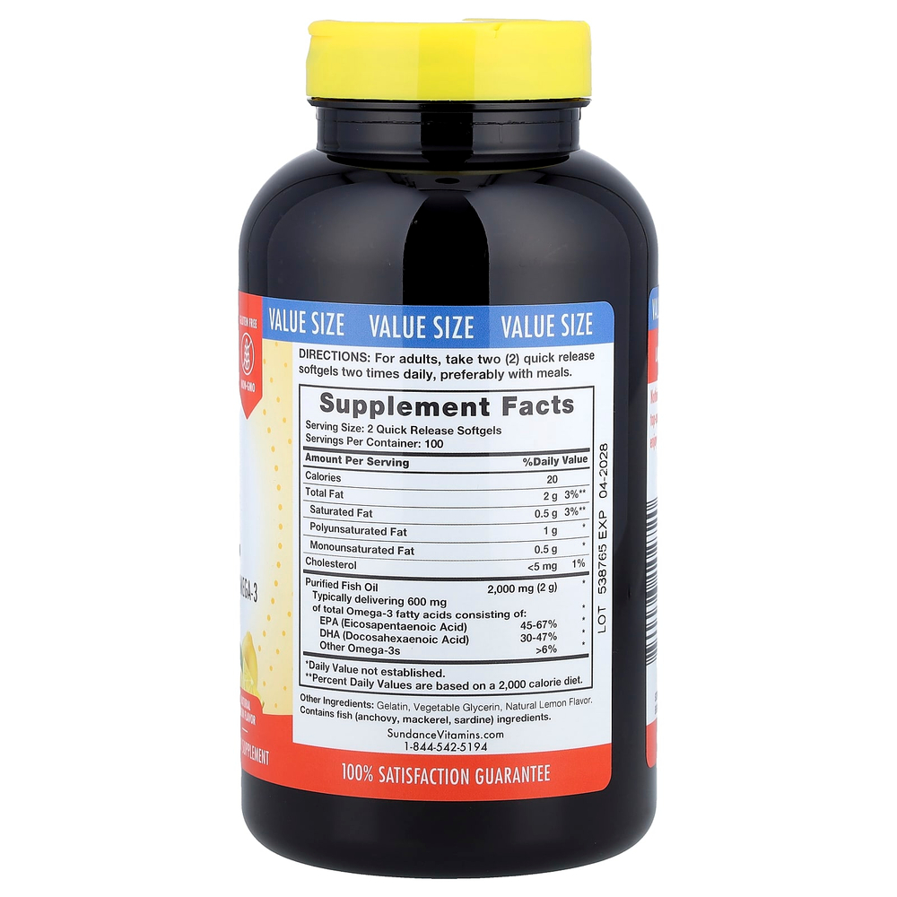 Sundance Vitamins, Рыбий жир, натуральный лимон, 1000 мг, 200 капсул с быстрым высвобождением