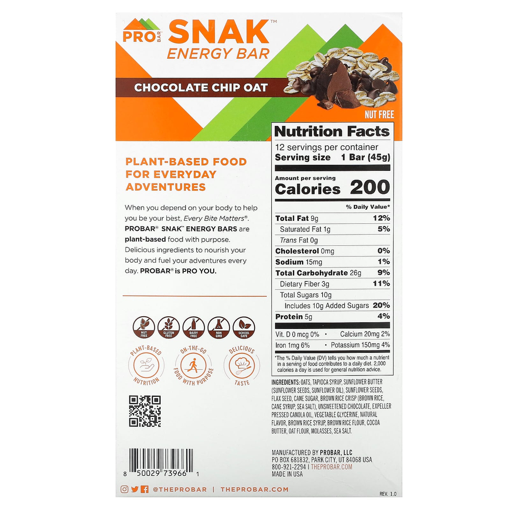 ProBar, SNAK™, энергетический батончик, овсяные хлопья с шоколадной крошкой, 12 батончиков по 45 г (1,6 унции)