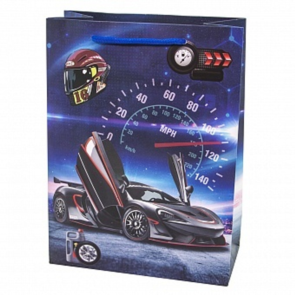 Пакет подарочный Гоночный суперкар Синий 24*18*9 см.