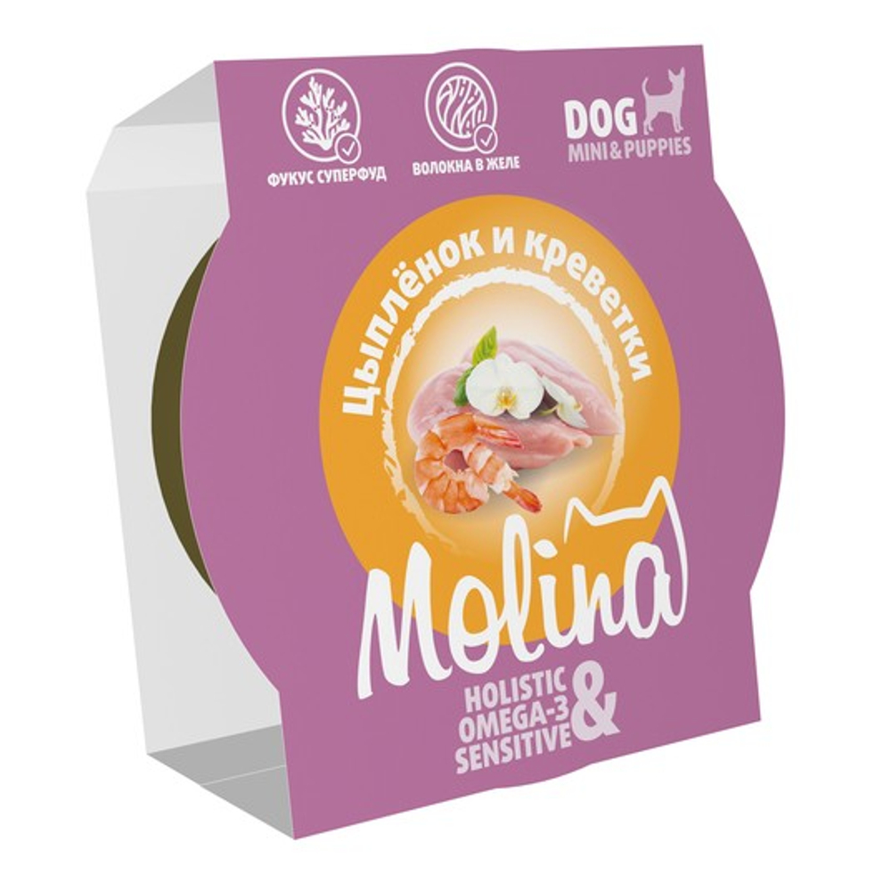 Ламистер для взрослых собак мини-пород Molina цыпленок и креветки в желе, 75 г