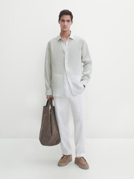 Massimo Dutti ЛЬНЯНАЯ РУБАШКА КЛАССИЧЕСКОГО КРОЯ В ПОЛОСКУ, СИНИЙ