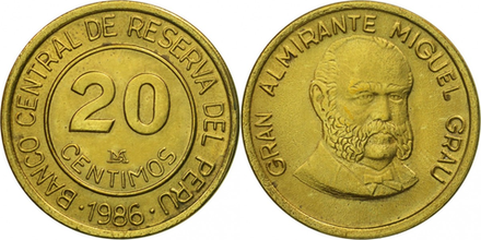 Перу 20 сентимо, 1985 - 1987 Мигель Грау XF