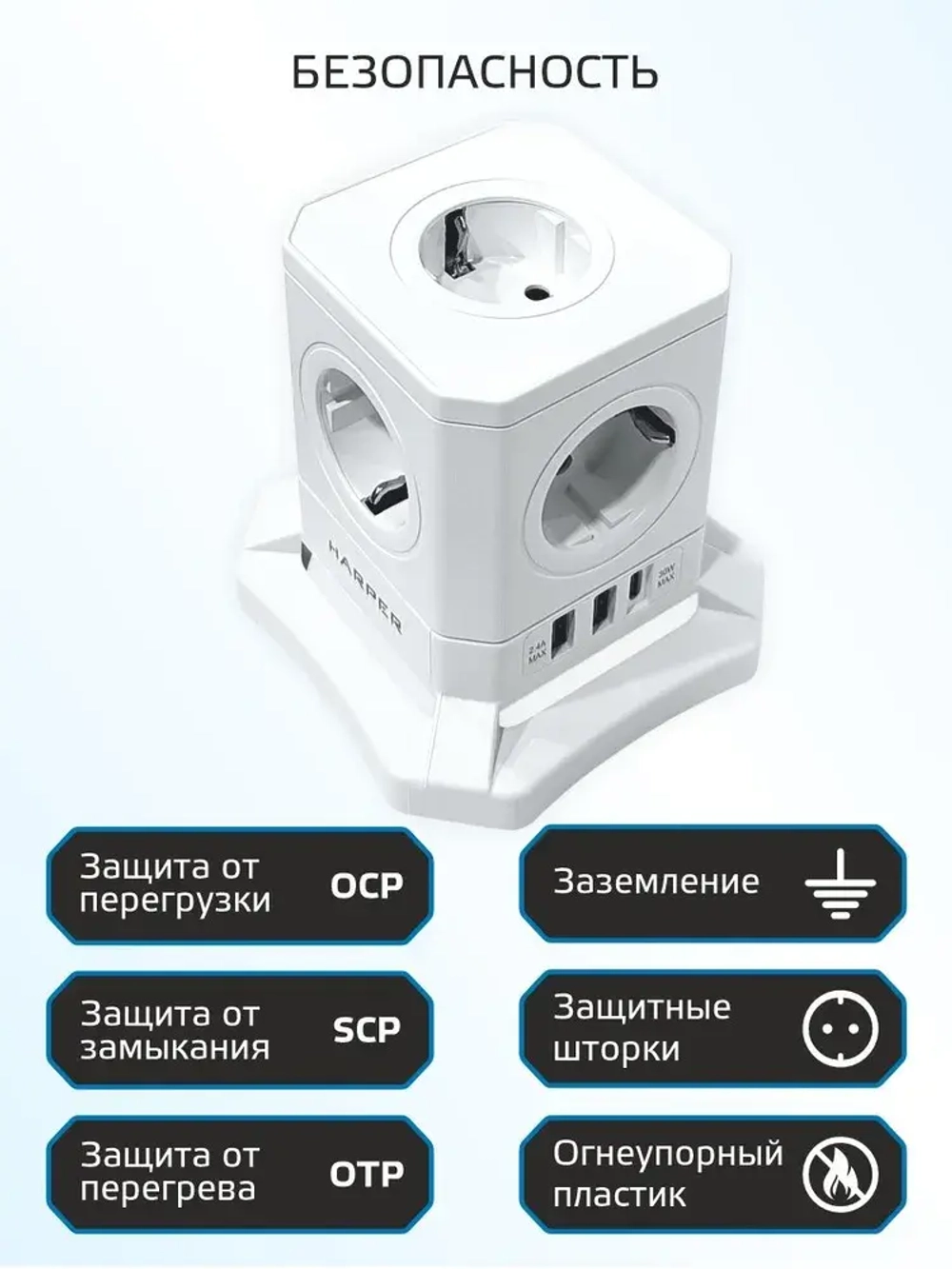 Сетевой фильтр HARPER UCH-715, 5 розеток, 2 USB + 1 type-C с поддержкой power delivery, кабель 1,5 метра, 4000 Вт, 16А, белый