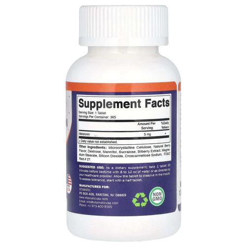 Vitamatic, быстрорастворимый мелатонин, натуральные ягоды, 5 мг, 365 быстрорастворимых таблеток