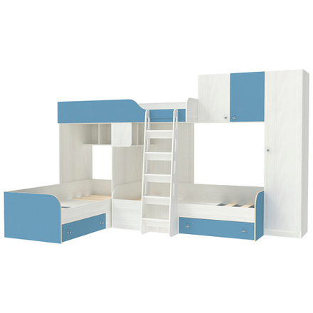 Кровать-чердак КарИВи Трио 2 Белое Дерево Светло-синий, голубой