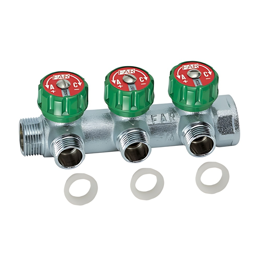 Коллектор регулирующий проходной FAR MULTIFAR 3822 - 1"(НР/ВР) на 3 контура 3/4"(EK + Flat-Faced)