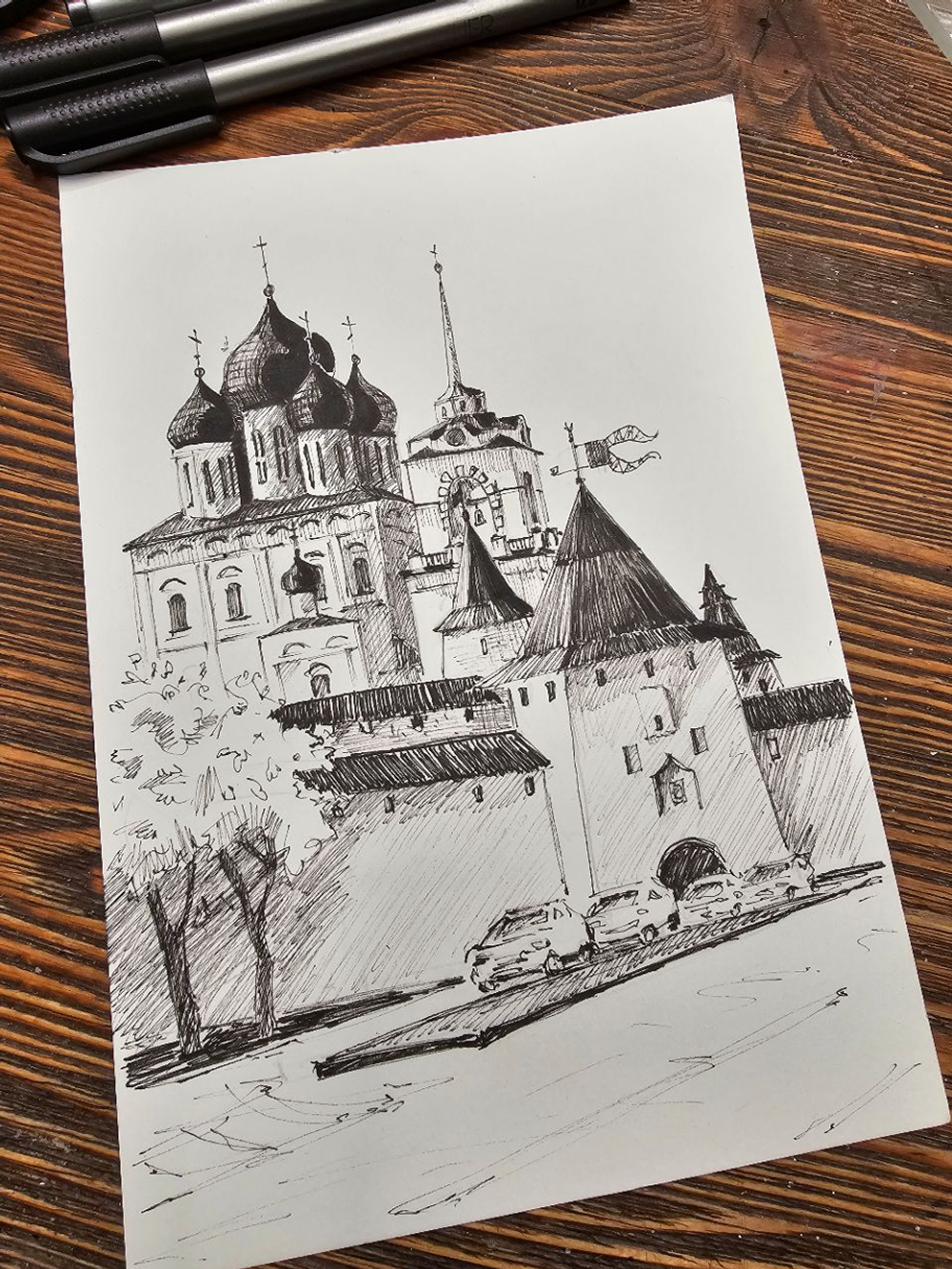 Картина, графика в паспарту 21х30 см на стену для интерьера "Псковский Кром"