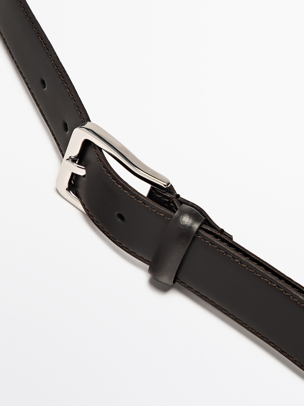 Massimo Dutti Кожаный ремень с декоративной строчкой, коричневый