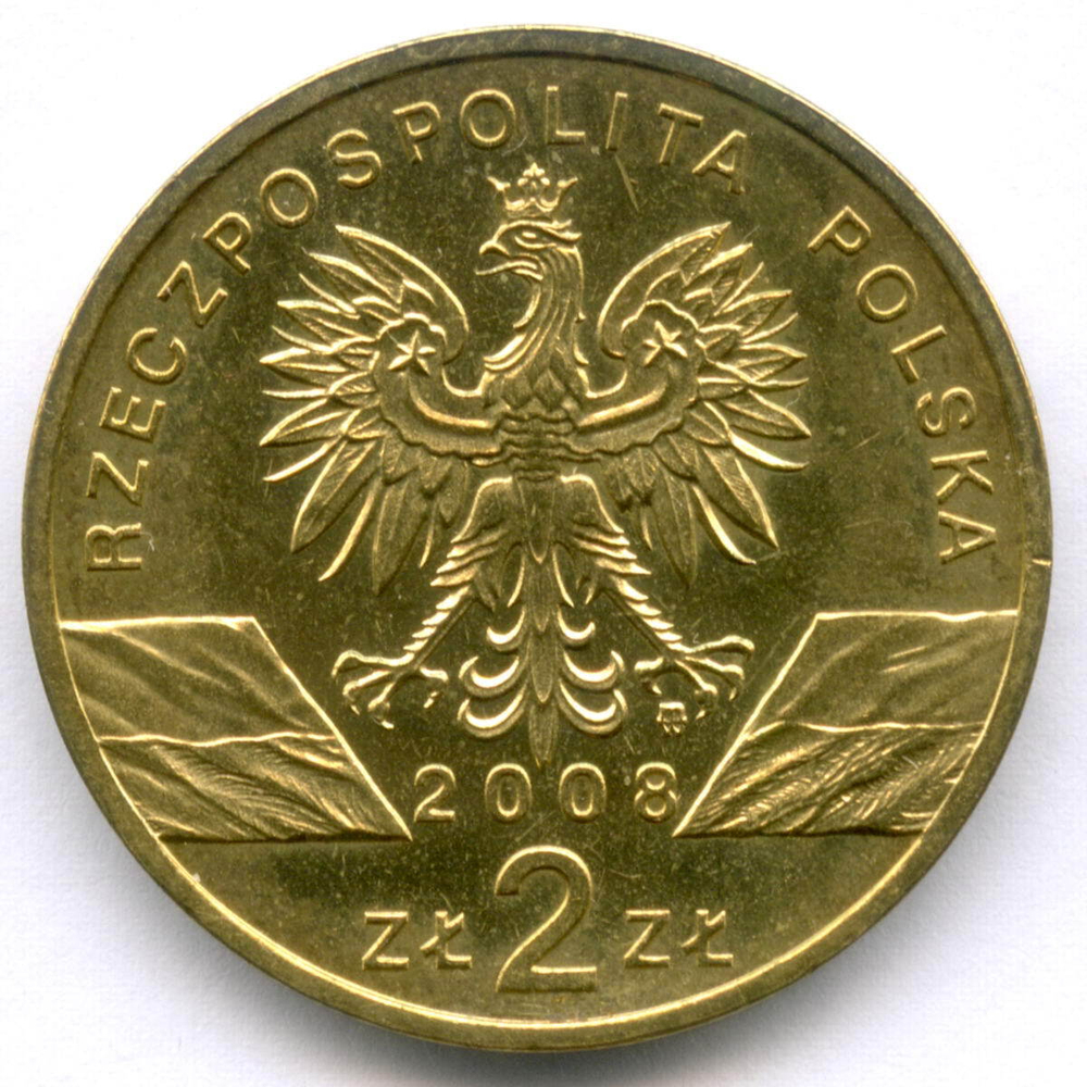 2 злотых 2008 год. Польша. Фауна - Сокол Сапсан. Латунь XF-AU