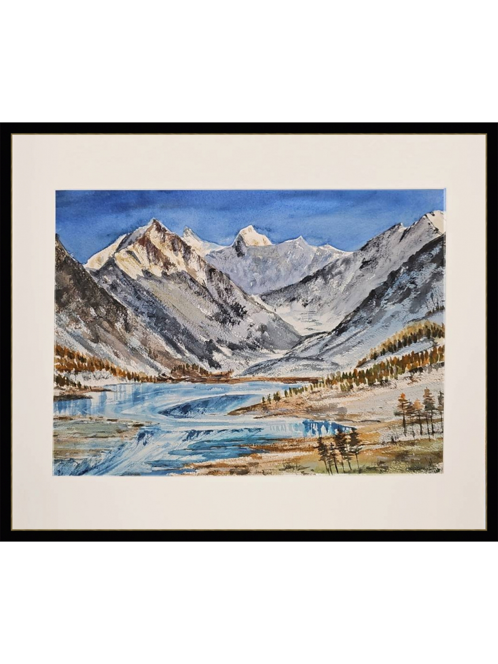 Картина авторская акварельная в паспарту 40х50 см на стену для интерьера "Белуха и Ак-Кем. Горный Алтай"