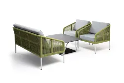 "Канны" лаунж-зона 4-местная из роупа со столом "Глория" (серый гранит), каркас алюминиевый светло-серый, роуп салатовый меланж