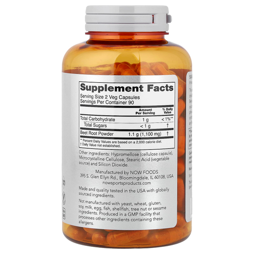 NOW Foods, Sports, свекла, 180 вегетарианских капсул (0,55 г в 1 капсуле)