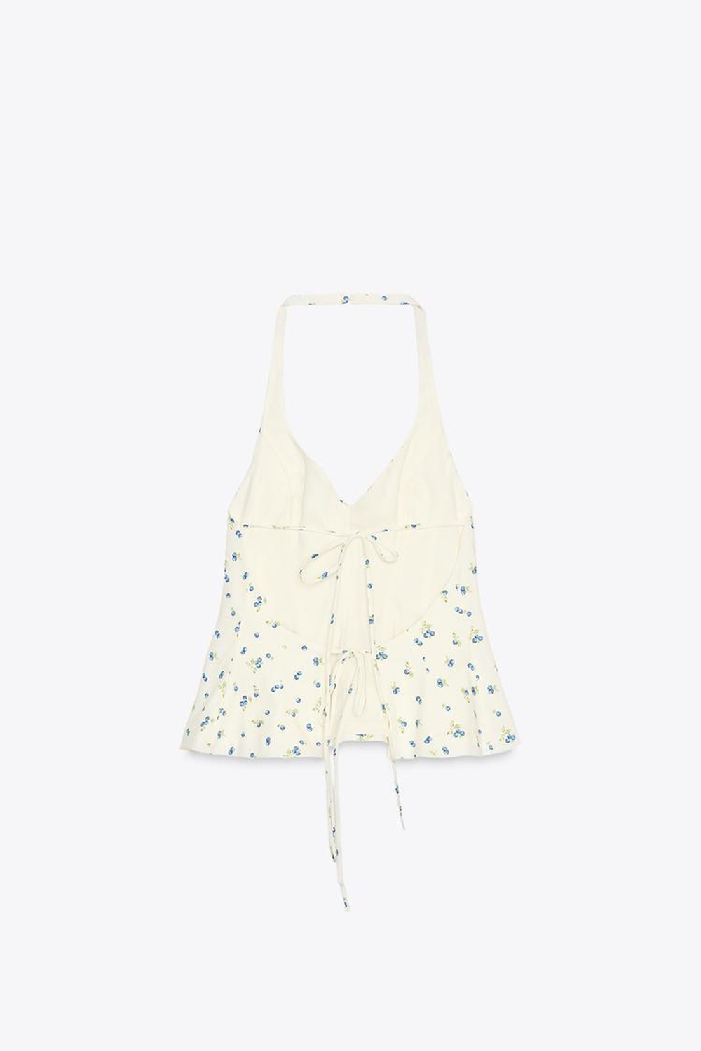 ZARA ТОП ИЗ ПОПЛИНА С ЦВЕТОЧНЫМ ПРИНТОМ И ГОРЛОВИНОЙ ХАЛТЕР, ЭКРЮ/СИНИЙ