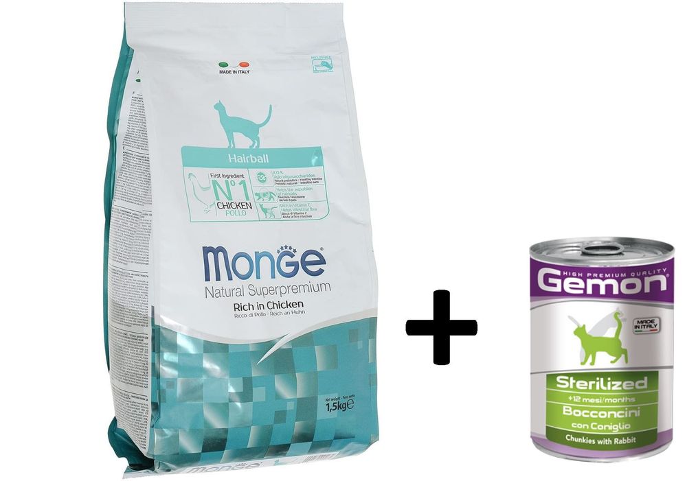 Monge Cat Hairball корм для кошек для выведения шерсти 1,5кг + консервы Джемон 400г в ПОДАРОК Monge Cat Hairball корм для кошек для выведения шерсти 1,5кг + консервы Джемон 400г в ПОДАРОК