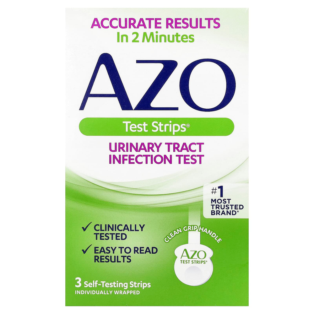 AZO, Test Strips®, тест на инфекцию мочевыводящих путей, 3 полоски для самопроверки