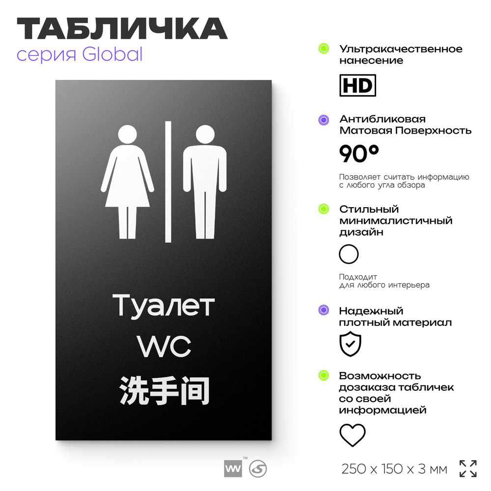 Табличка Женский туалет, на дверь и стену, информационная и мультиязычная (русский, английский, китайский), серия GLOBAL, 25х15 см, Айдентика Технолоджи