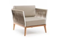 "Касабланка" кресло плетеное из роупа, основание дуб, каркас алюминий светло-серый (RAL7035) муар, роуп серо-коричневый 23мм, ткань бежевая 052